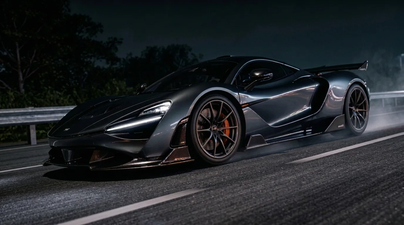 Sports car racing beside a metallic highway guardrail